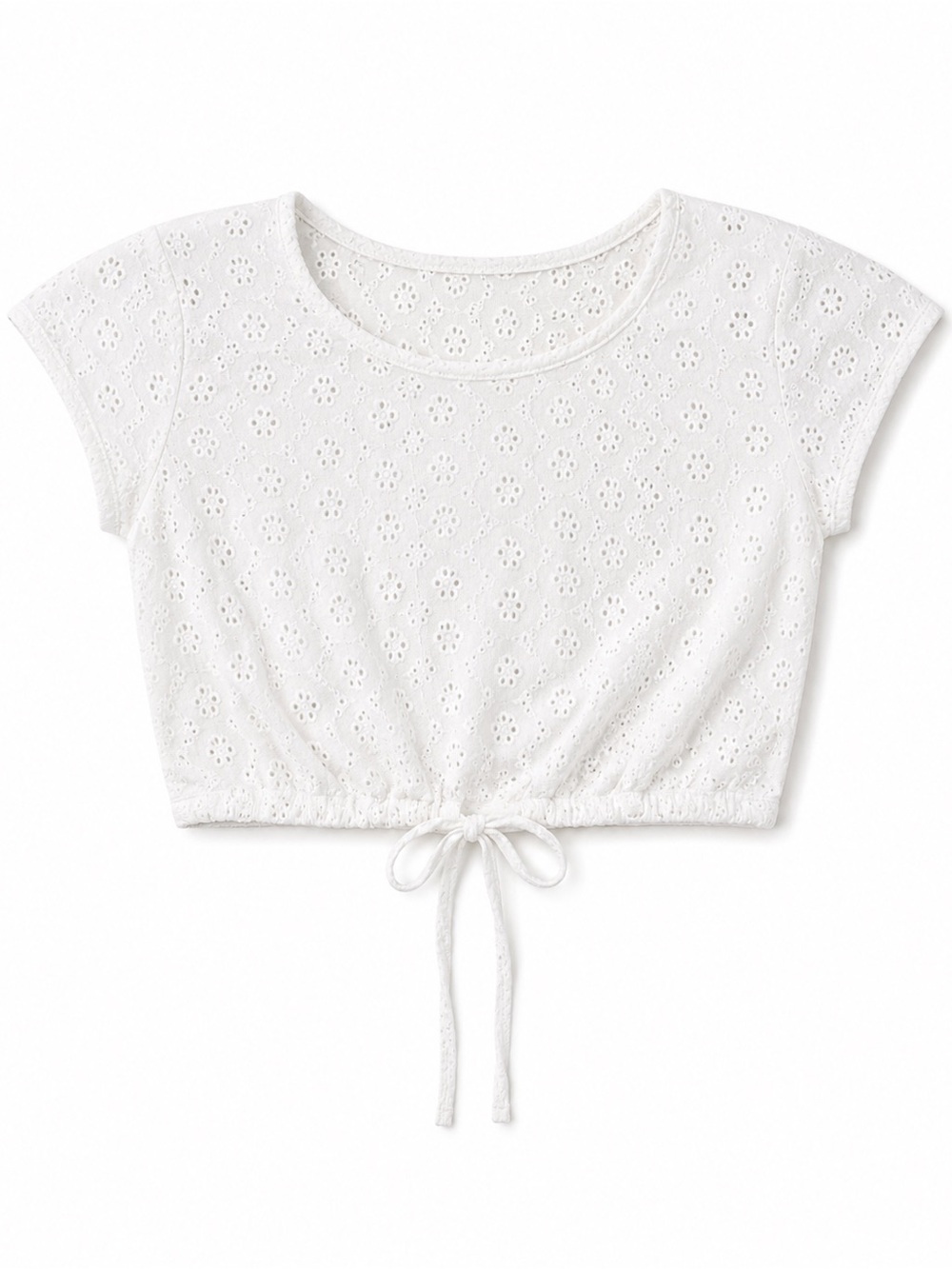 WHITE FLORAL EYELET CROP TOP WITH WAIST CINCH DETAIL